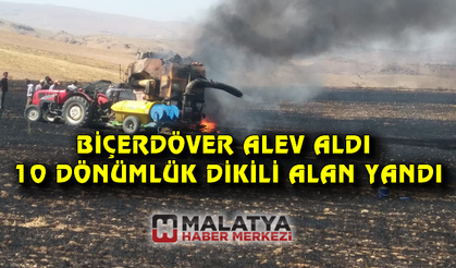 Biçerdöver alev aldı, 10 dönüm ekili alan yandı